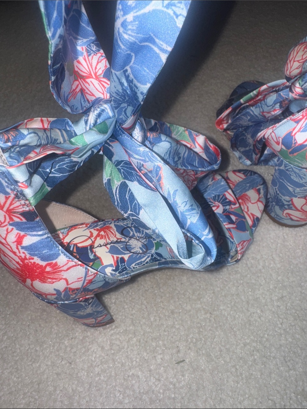 Jessica Simpson Blue Floral Tie-Ankle Heeled Sandals - Picture 5 of 9